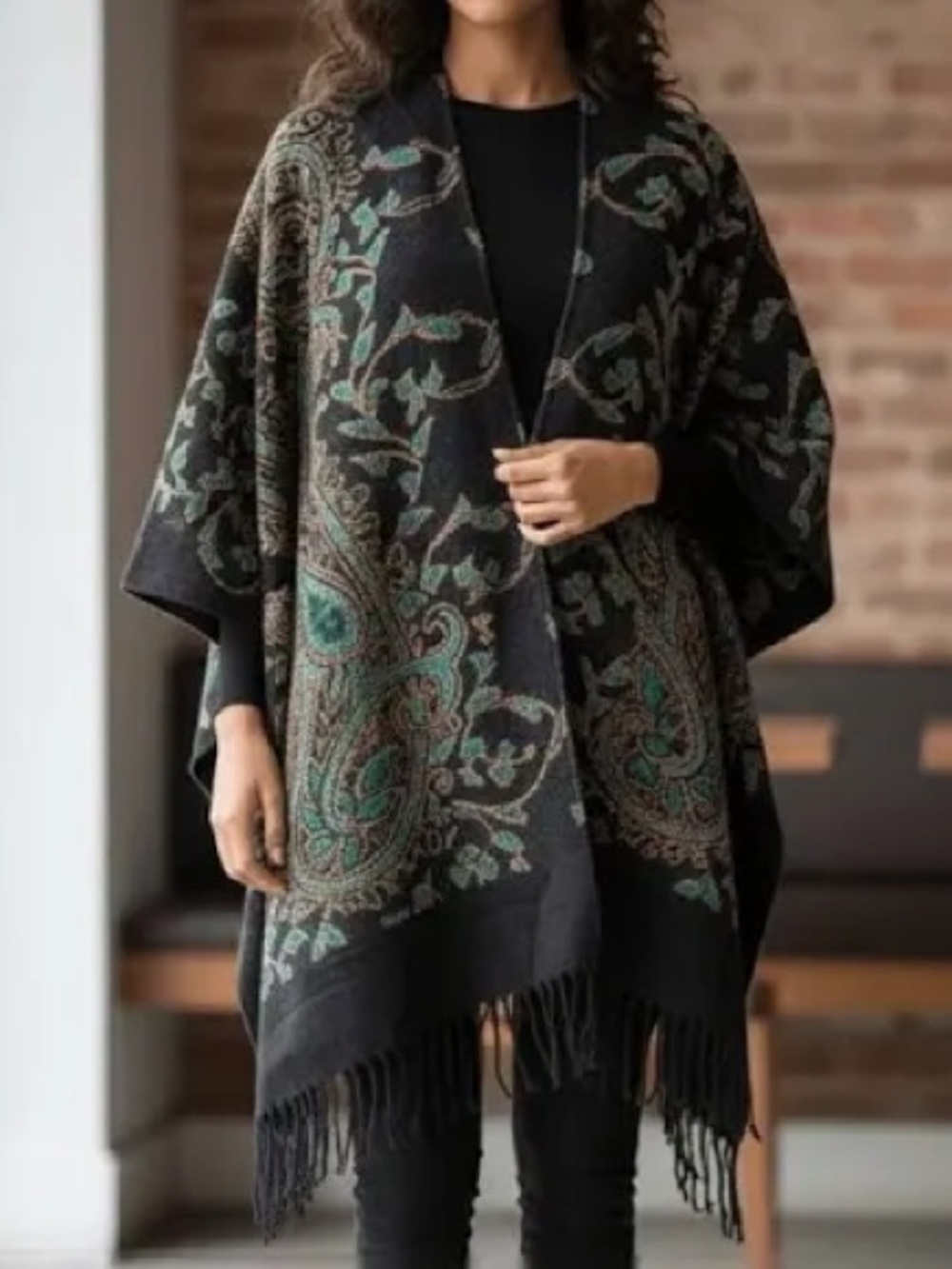 Soft Surroundings Paisley Ruana Poncho Wrap Top Fringe Sweater Blue Green OS